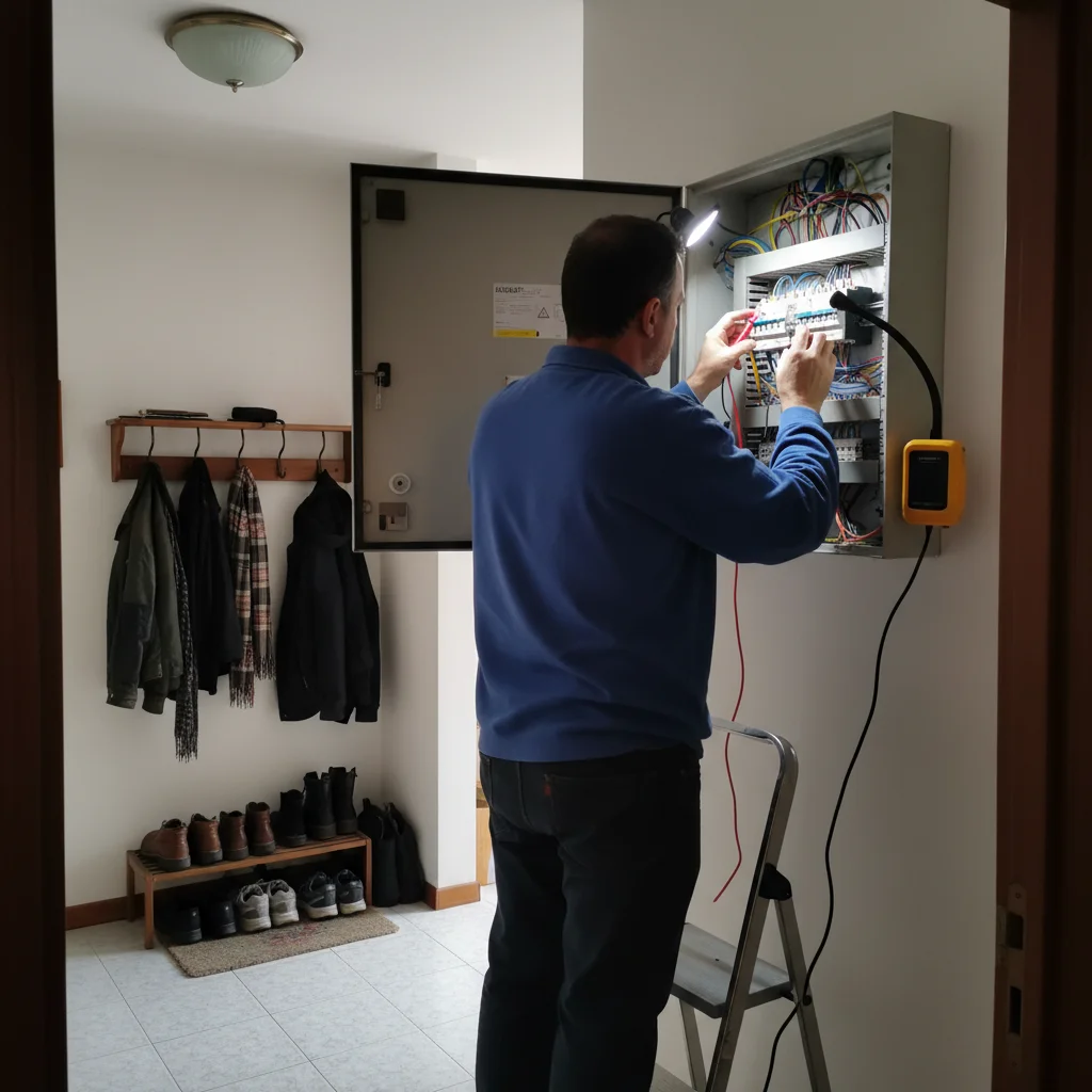 Elettricista al lavoro su quadro elettrico a Padova